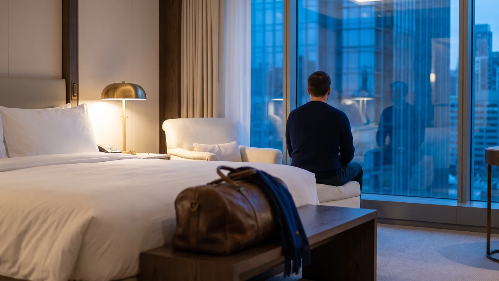 Elegantes Hotelzimmer mit gemachtem Bett und Blick durch große Fenster auf eine beleuchtete Stadt am Abend.