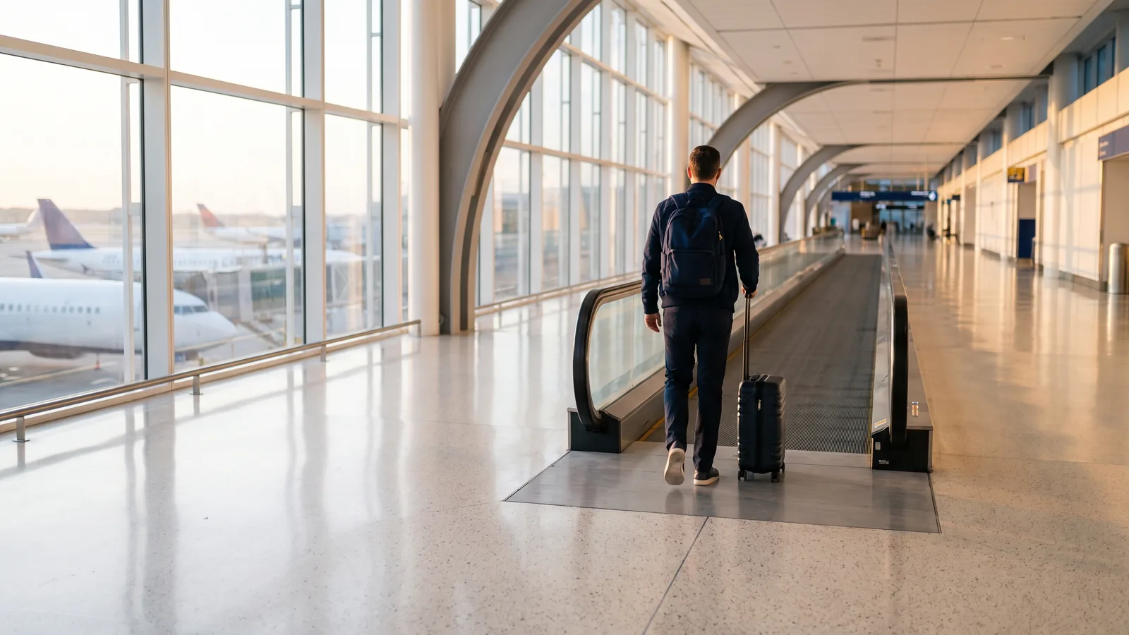 A passenger walking with carry on luggage down a spacious sunlit airport terminal concourse beside large glass windows.