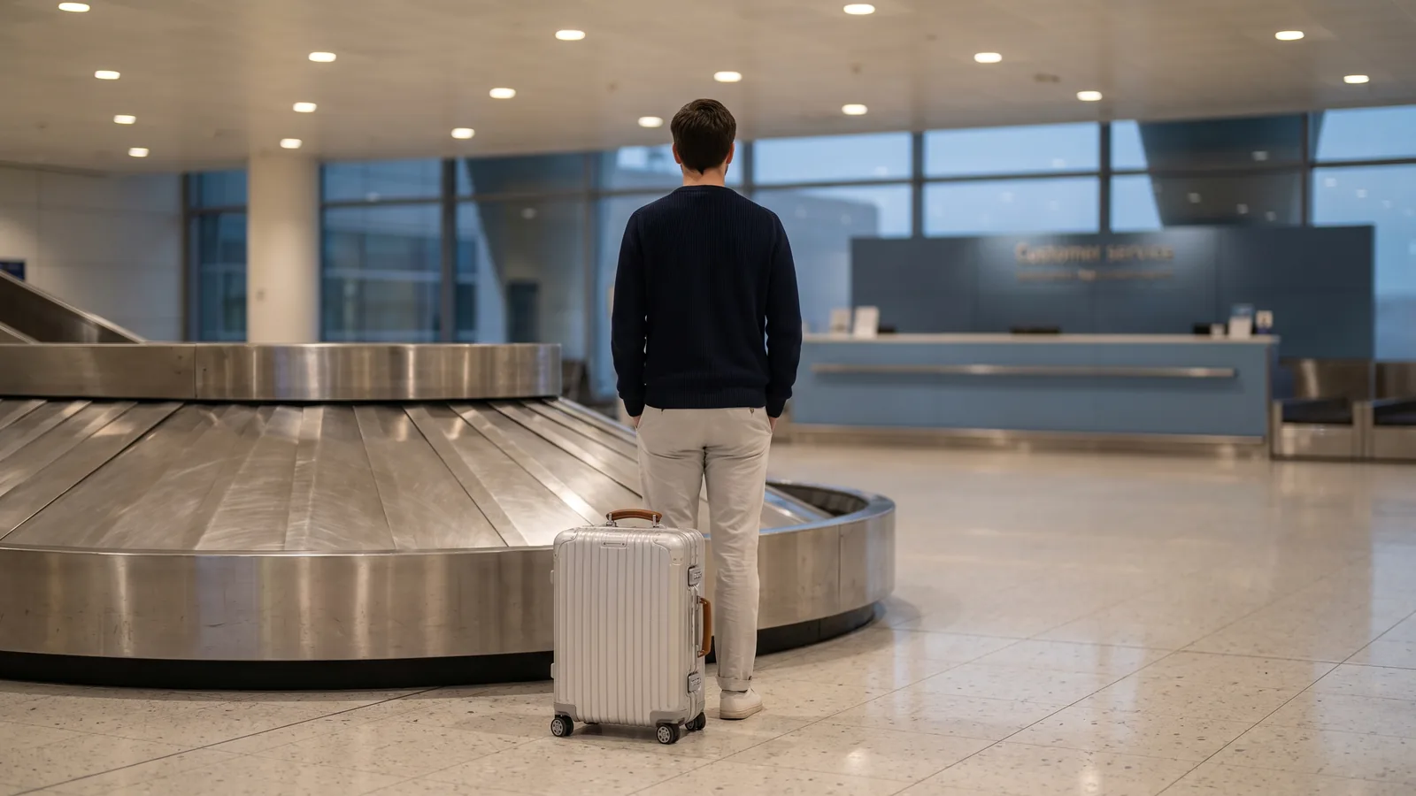 Traveler with a sleek carry on suitcase standing beside an empty airport luggage carousel in a modern arrival hall.