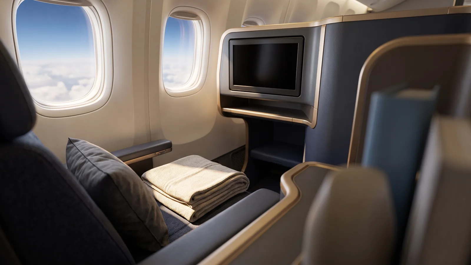Modern lie flat business class seat with folded blanket and pillow bathed in warm sunlight during flight.
