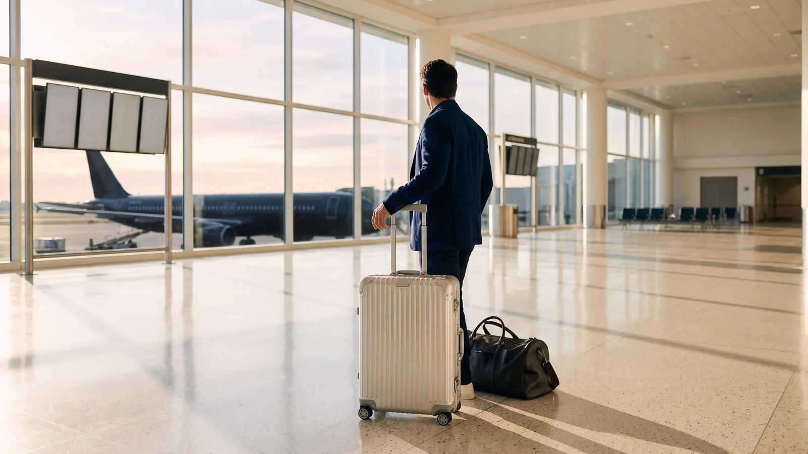 Traveller standing with an aluminium suitcase and leather bag beside large terminal windows overlooking an airplane.
