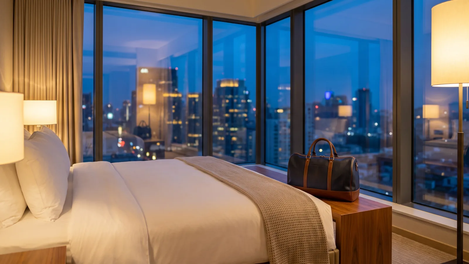 Plush hotel bed and warm ambient lighting overlooking a glowing evening city skyline through large panoramic windows.