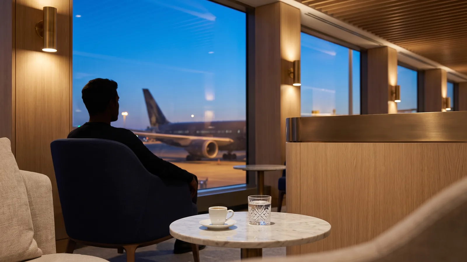 A peaceful airport lounge with an armchair overlooking illuminated airplanes on the tarmac through panoramic windows at dusk.