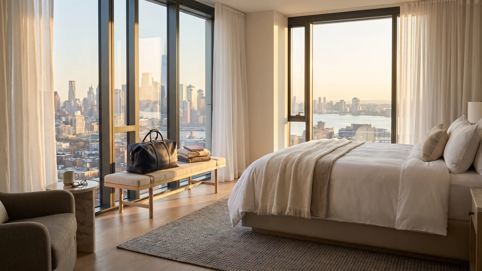 A sunny luxury corner hotel suite with floor to ceiling windows overlooking an expansive city skyline.