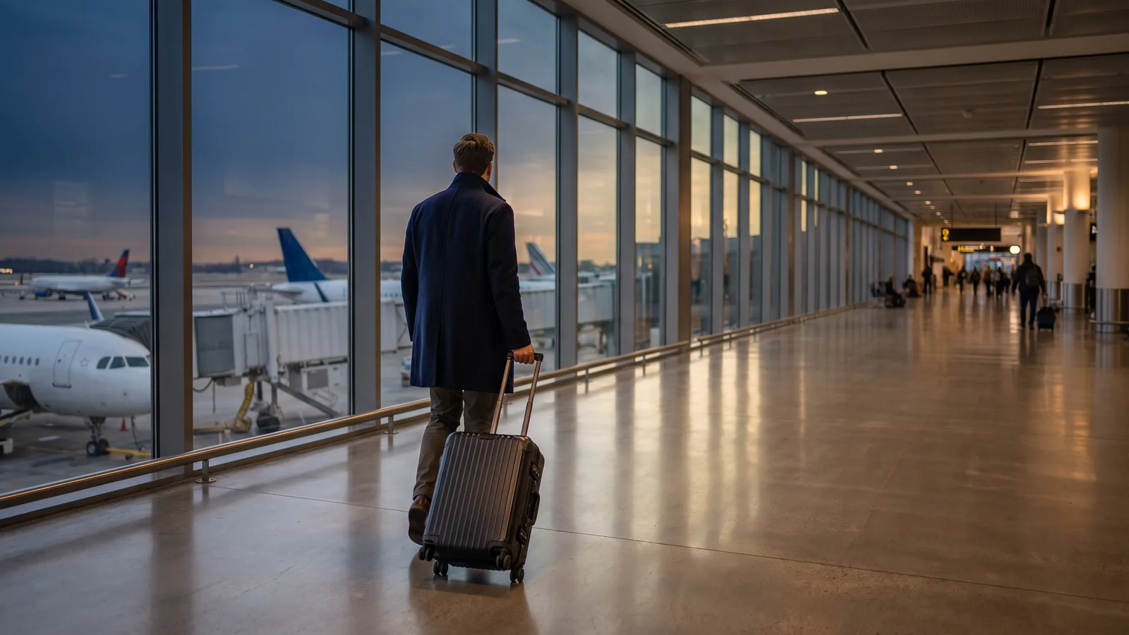 Traveller walking through an airport terminal concourse with a rolling suitcase past large windows overlooking the tarmac.