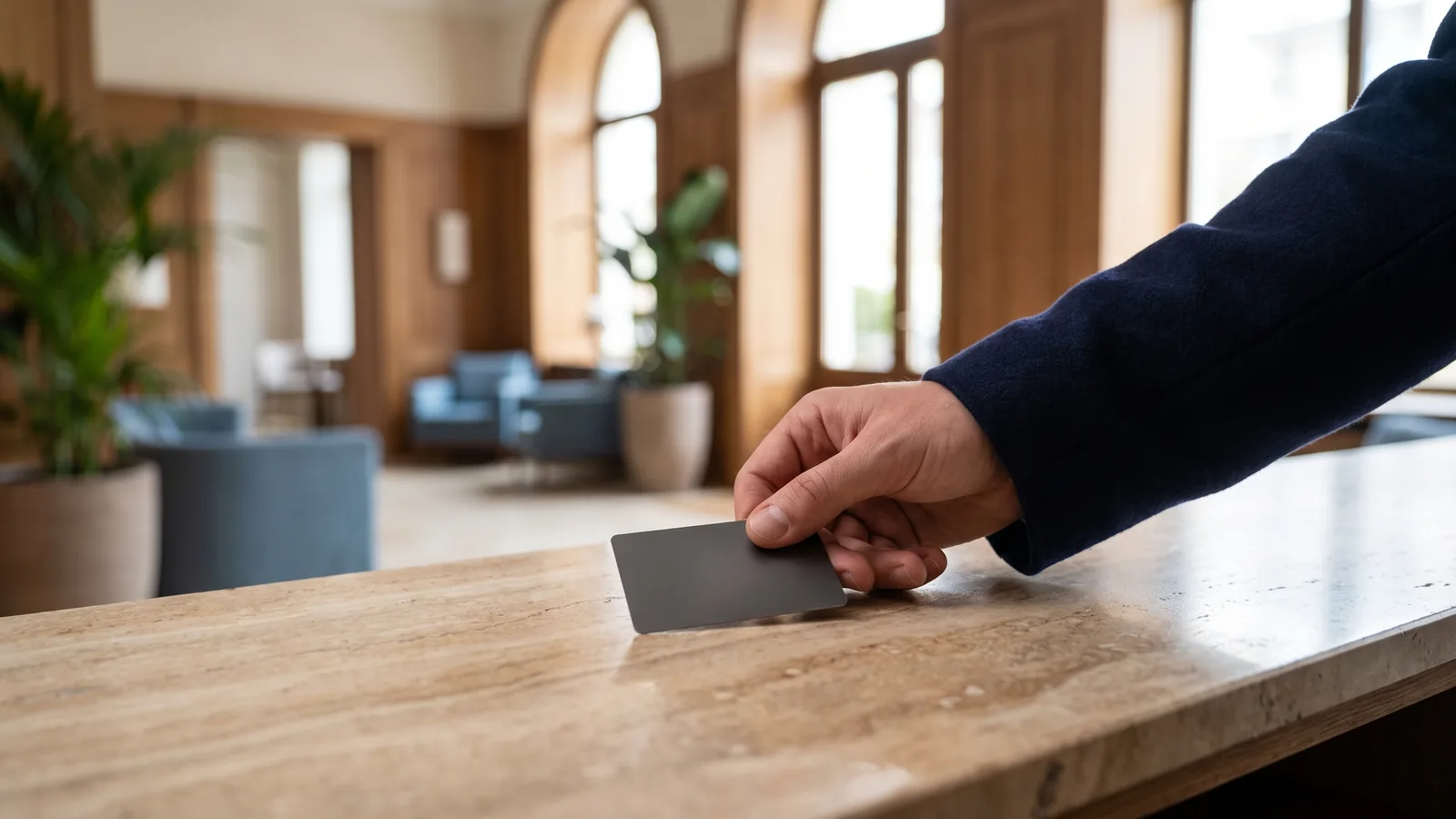 A hand placing an unbranded dark card on a limestone hotel reception counter with a bright lobby behind.