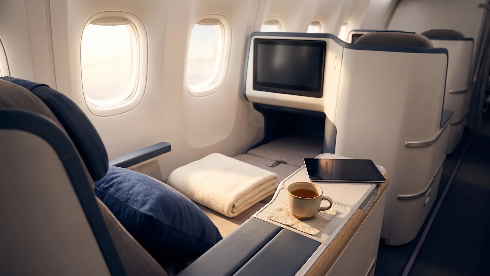 Side view of a quiet business class suite with folded blanket and window showing clouds at sunrise.
