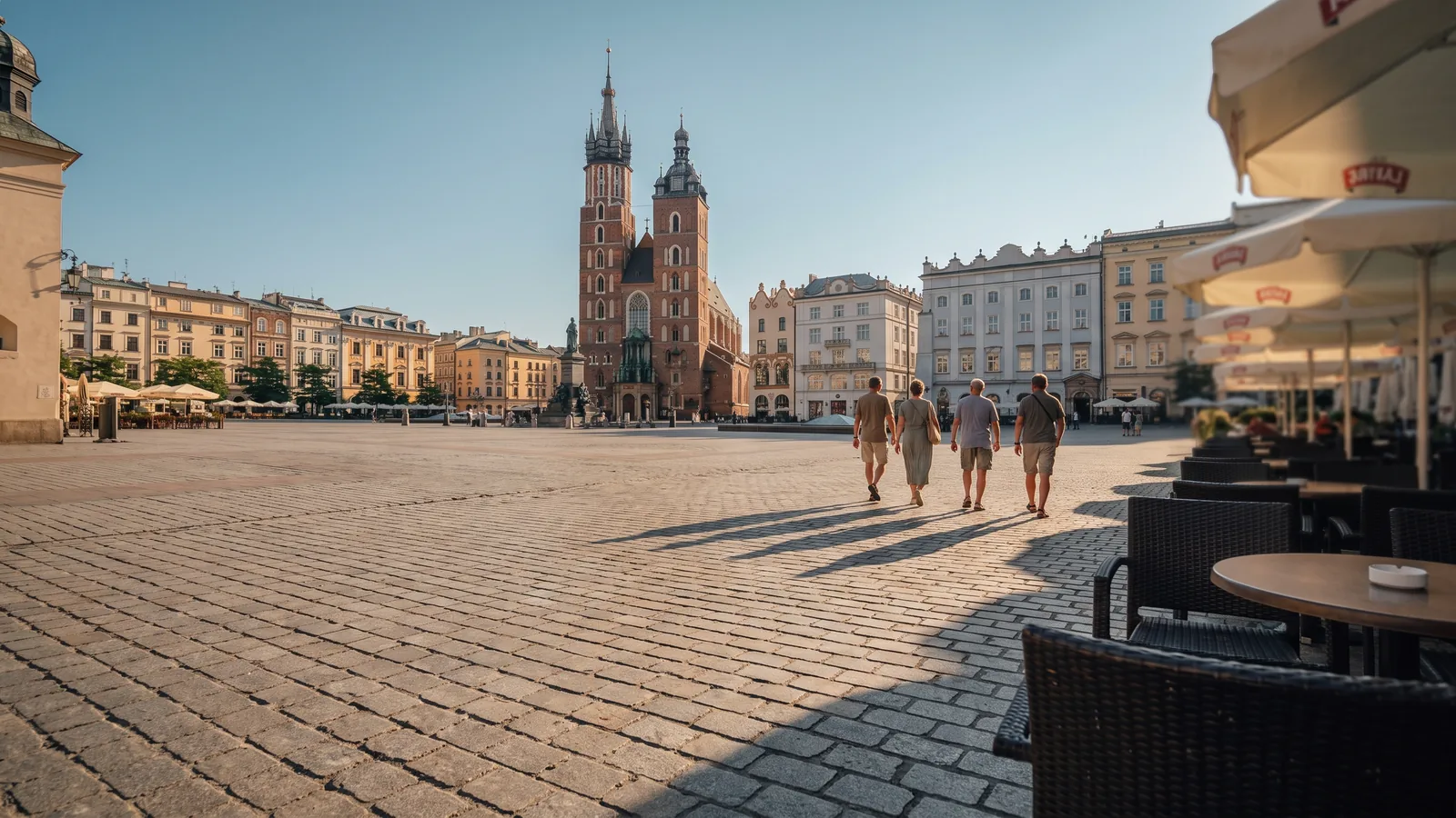 Pflastersteine des Hauptmarkts in Krakau mit der Marienkirche und historischen Bürgerhäusern im warmen Nachmittagslicht.