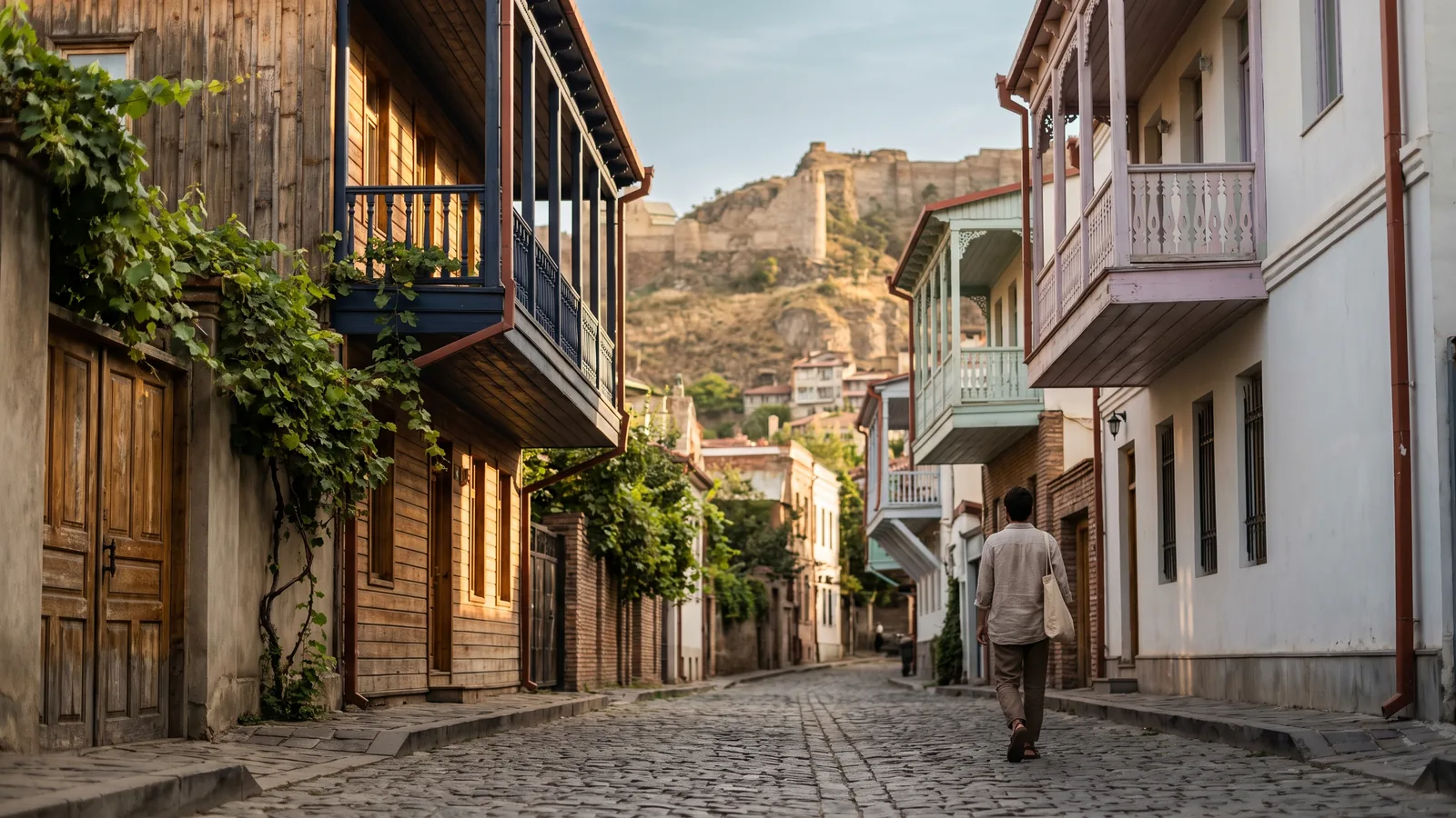 Blick durch eine historische Gasse in Tiflis mit verzierten Holzbalkonen und einer Festung auf dem Berghang.