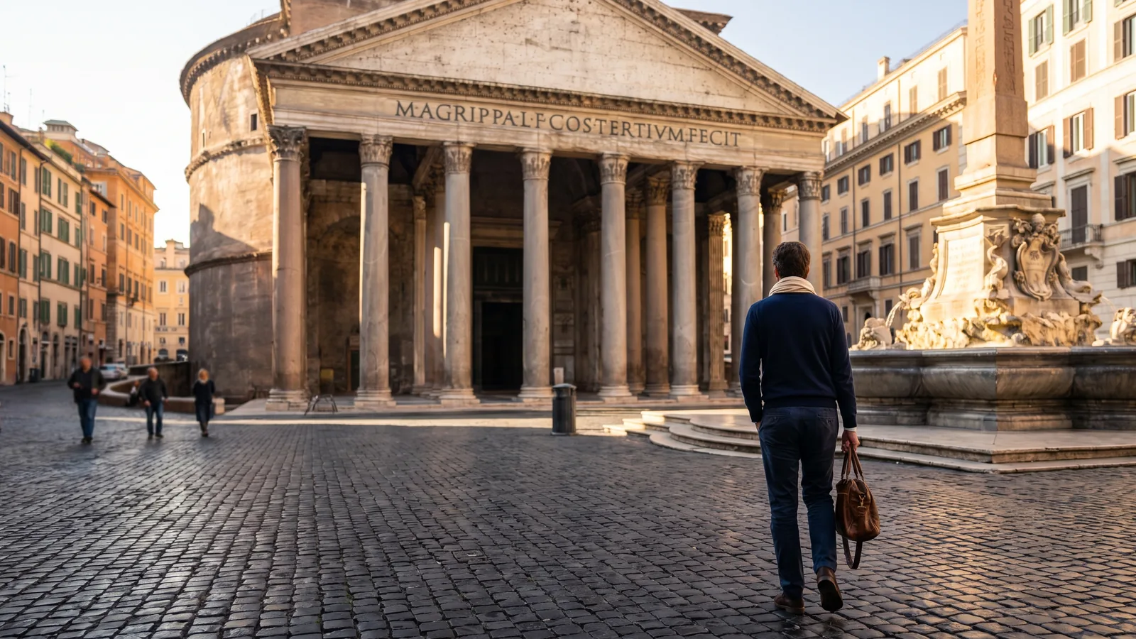 Kopfsteinpflaster der Piazza della Rotonda mit Blick auf die mächtigen Säulen des antiken Pantheon im Morgenlicht.