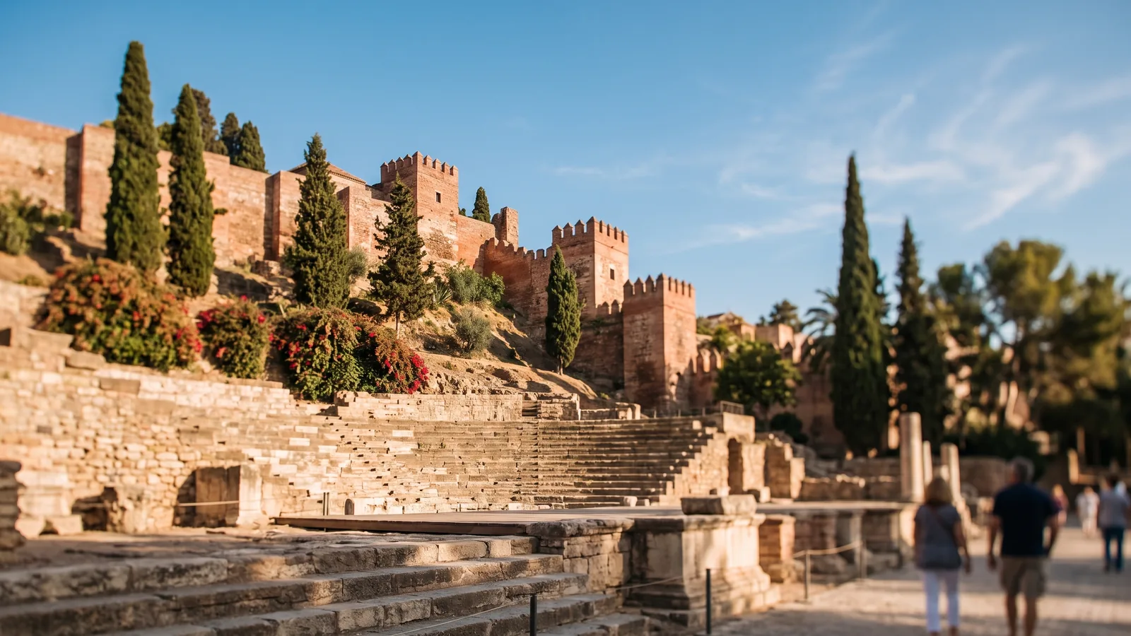 Blick auf das antike römische Theater und die Festungsmauern der Alcazaba von Málaga im warmen Sonnenlicht.