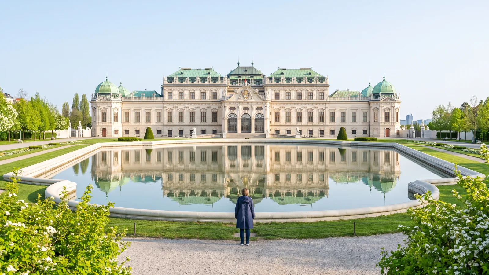 Barockes Schloss Belvedere mit spiegelndem Wasserbecken und gepflegtem Schlosspark im warmen Frühlingslicht von Wien.
