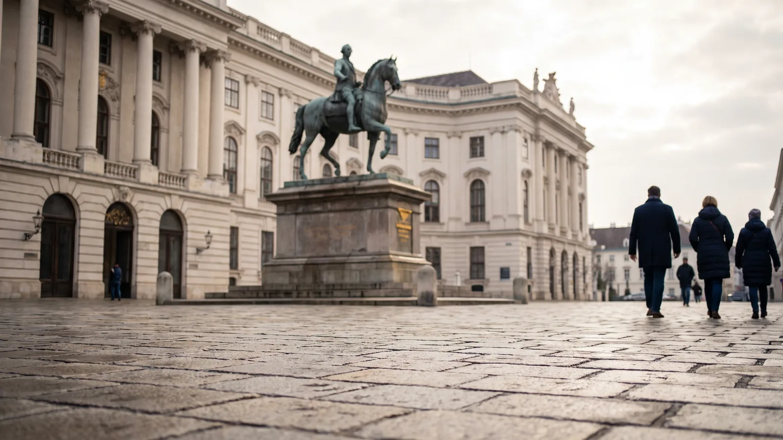 Der barocke Josefsplatz in Wien mit dem bronzenen Reiterstandbild vor der Fassade der Österreichischen Nationalbibliothek.