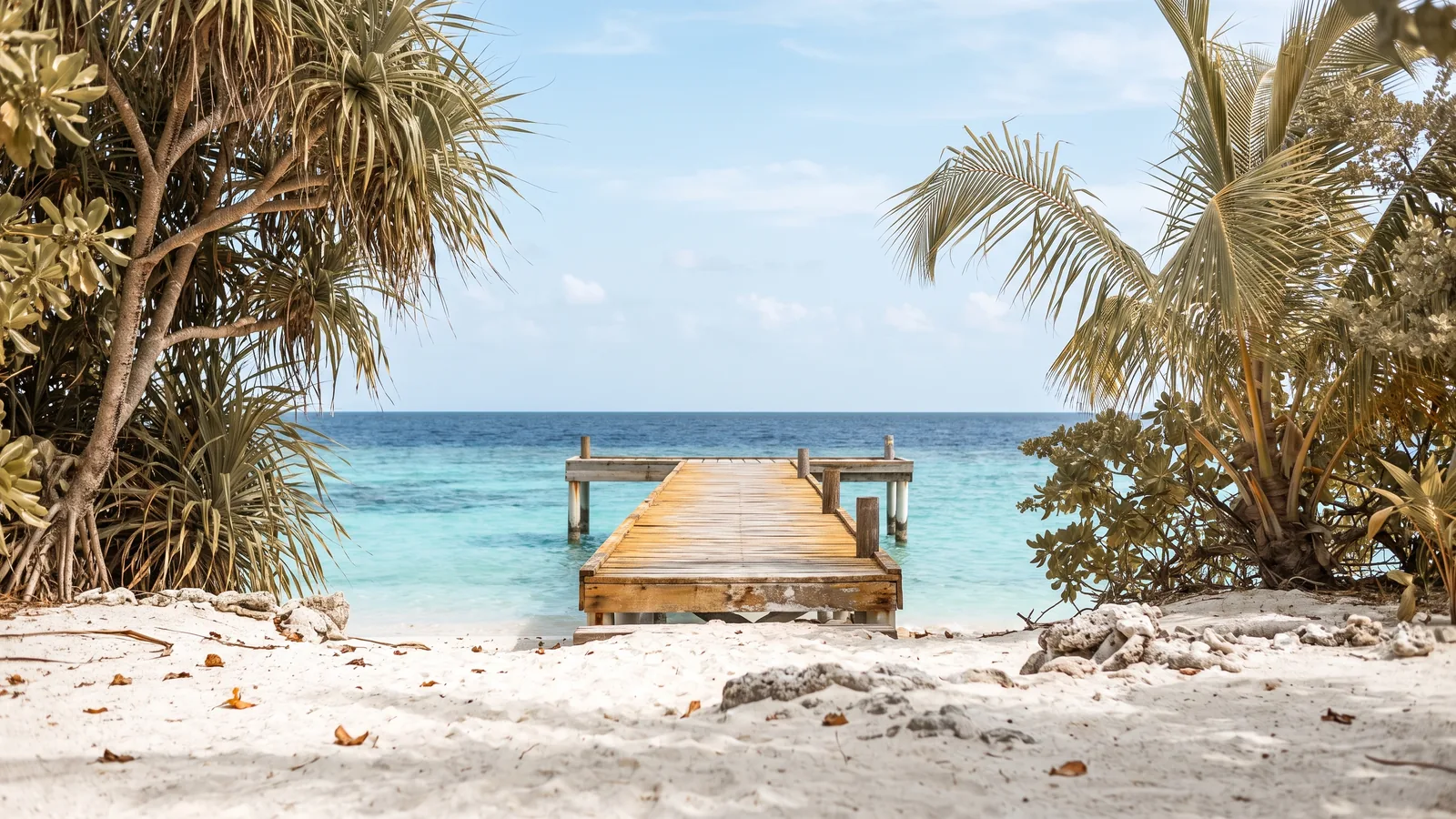 Weißer Korallensandstrand mit türkisfarbenem Wasser und tropischer Vegetation an der Küste einer abgelegenen Malediveninsel.