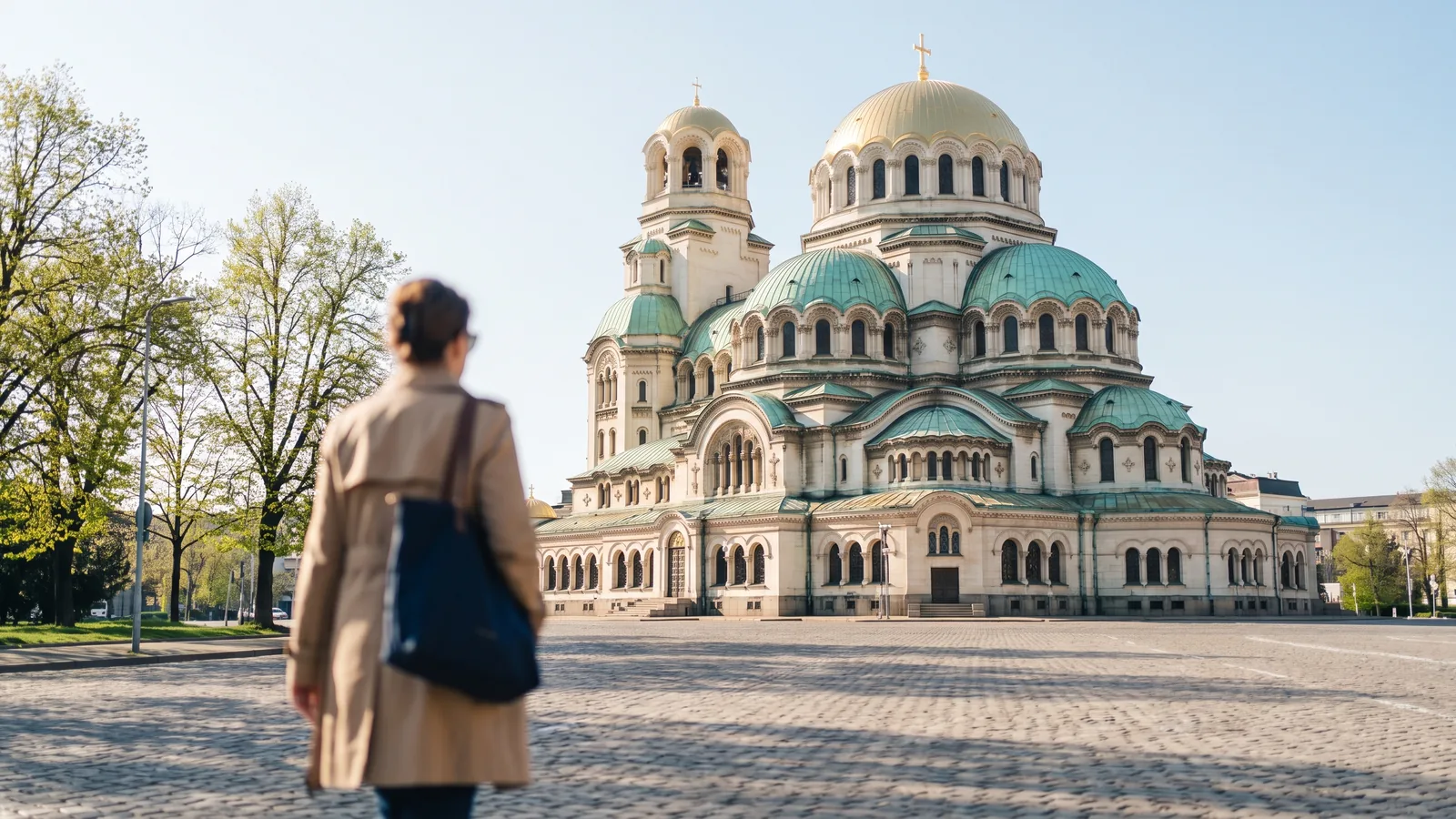 Die vergoldeten Kuppeln der Alexander Newski Kathedrale an einem sonnigen Frühlingsmorgen in Sofia.