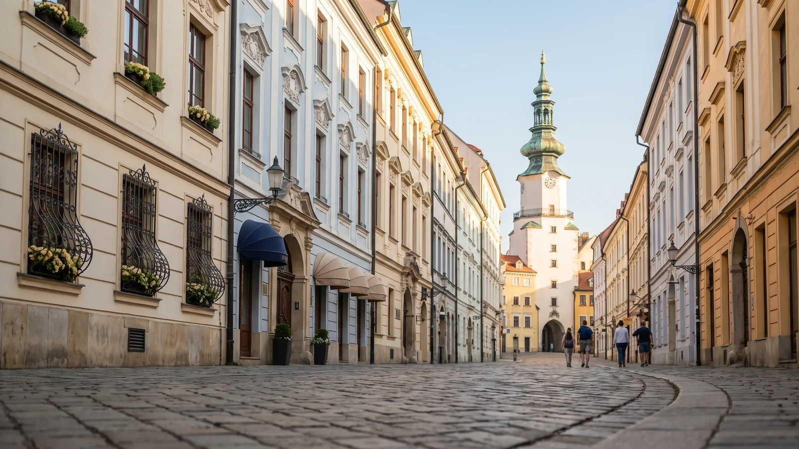 Kopfsteingepflasterte Gasse in der Altstadt von Bratislava mit Blick auf das historische Michaelertor im warmen Frühsommerlicht.