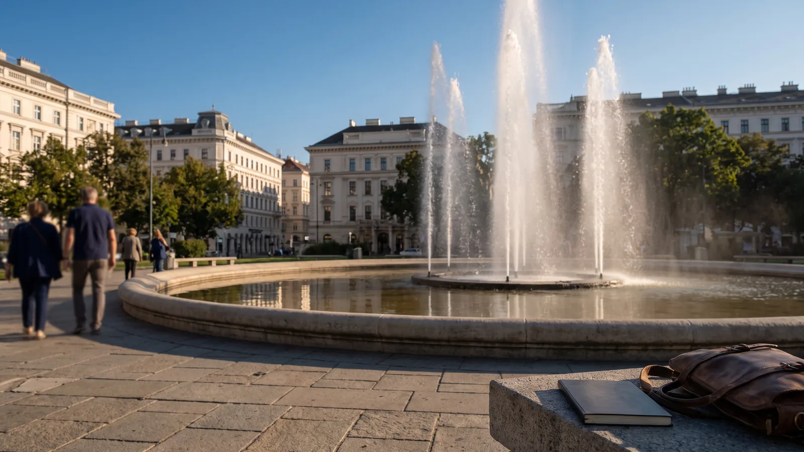 Der Hochstrahlbrunnen am Wiener Schwarzenbergplatz mit aufsteigenden Wasserfontänen vor historischen Fassaden im Spätsommerlicht.