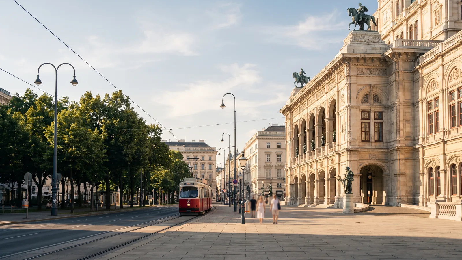 Die Wiener Staatsoper an der sonnigen Ringstraße mit einer roten Straßenbahn im sommerlichen Nachmittagslicht.