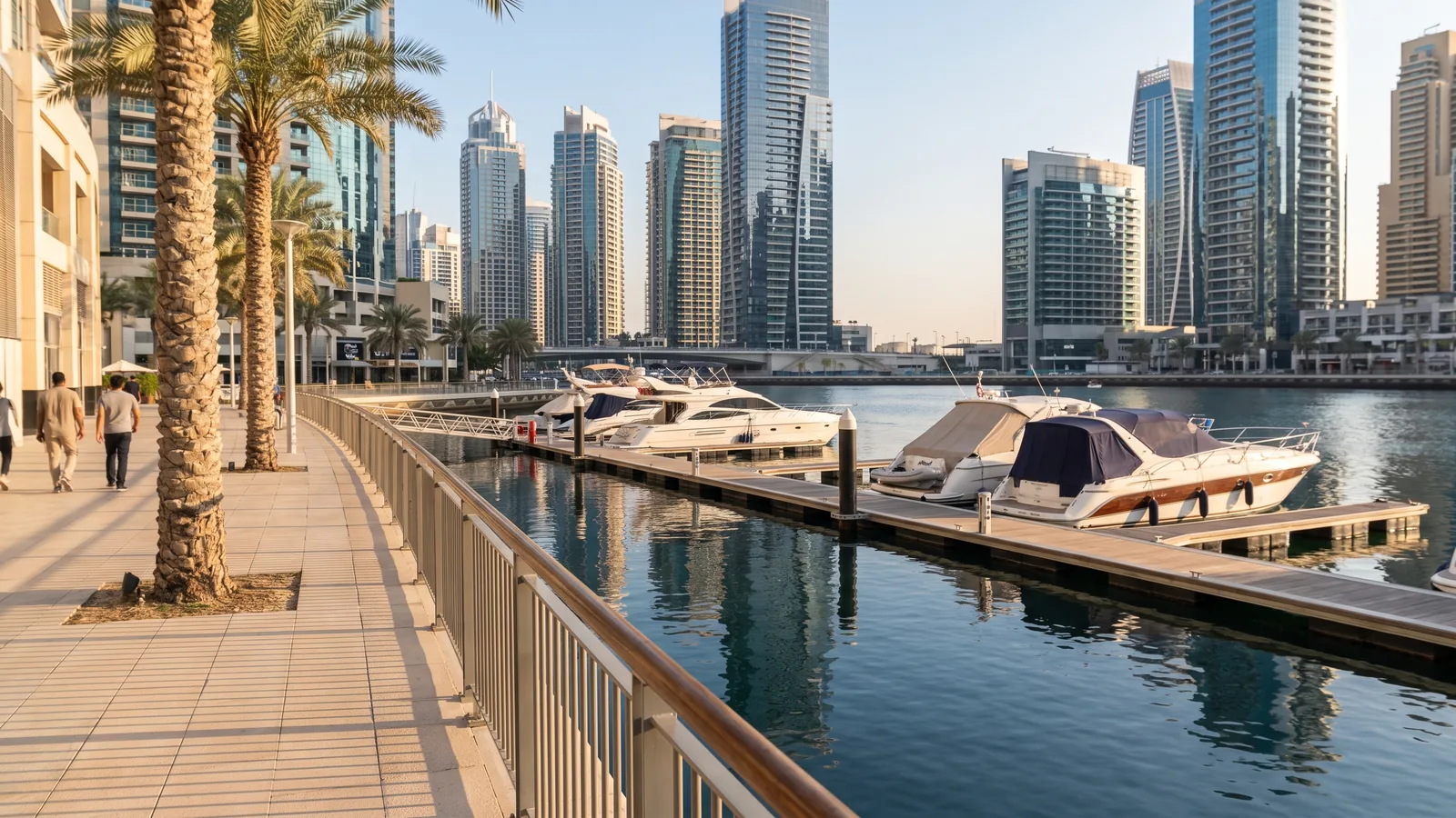 Moderne Wolkenkratzer und vertäute Yachten an der Uferpromenade der Dubai Marina im warmen Nachmittagslicht.