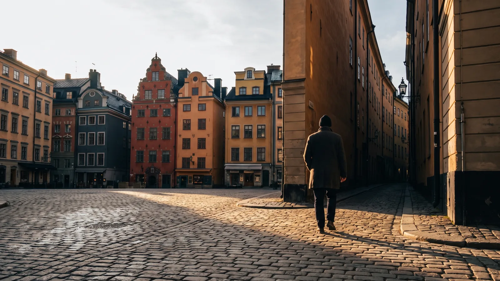 Historische Giebelhäuser am kopfsteingepflasterten Stortorget in der Stockholmer Altstadt Gamla stan im tiefstehenden Herbstlicht.