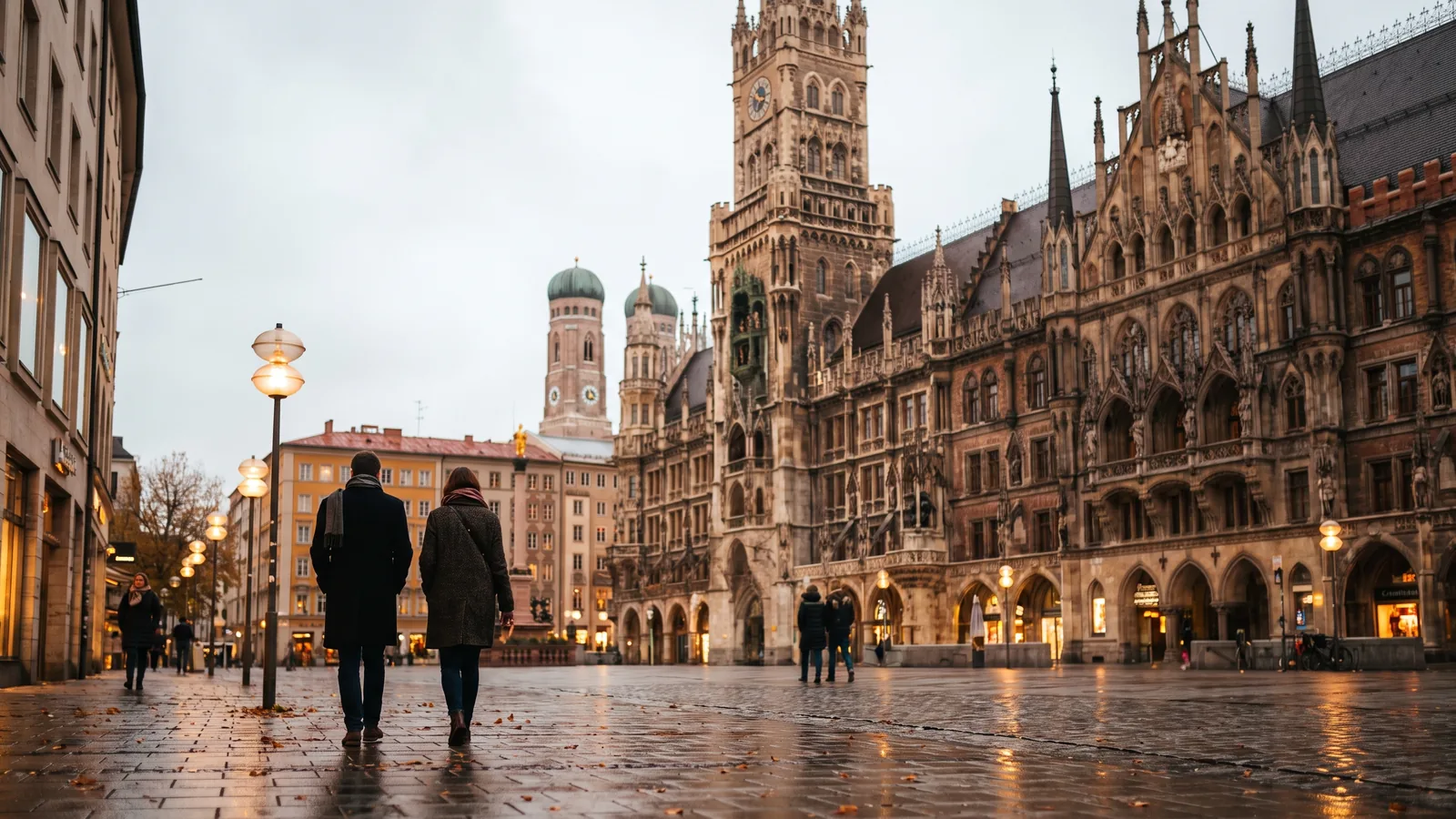 Der Marienplatz mit dem Neuen Rathaus und Spaziergängern auf feuchtem Kopfsteinpflaster an einem kühlen Novembertag in München.