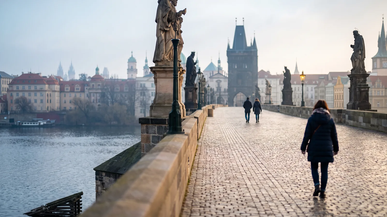 Die steinerne Karlsbrücke mit barocken Statuen und gotischem Brückenturm im kühlen Morgennebel über der Moldau.