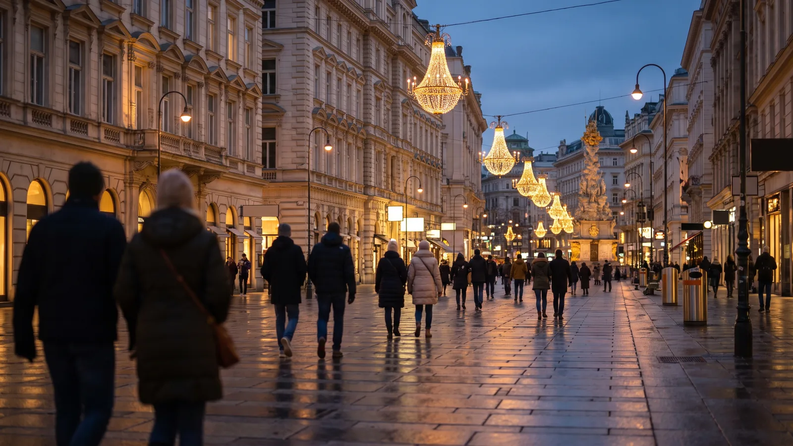 Festlich beleuchteter Wiener Graben in der winterlichen Abenddämmerung mit historischen Fassaden und dezenten Passanten im kühlen Dämmerlicht.