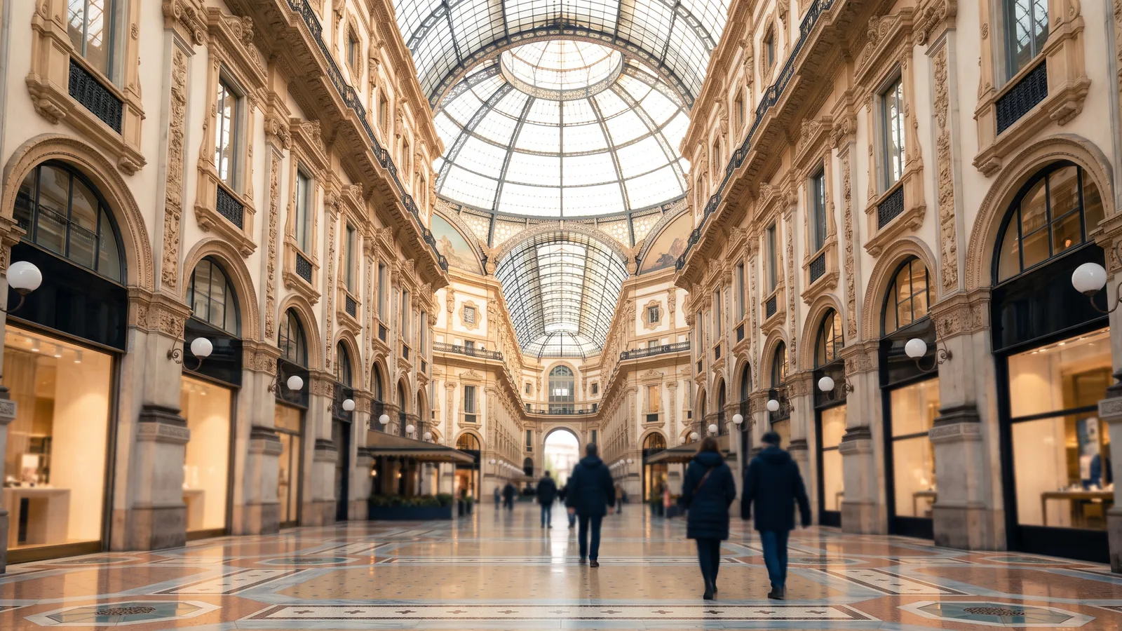 Blick durch die Galleria Vittorio Emanuele II in Mailand mit gläsernem Kuppeldach und Mosaikboden im Winterlicht.