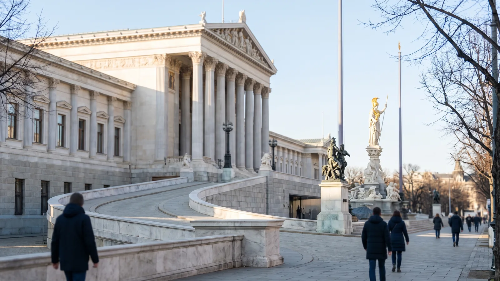Der Brunnen der Pallas Athene mit Marmorskulpturen vor der Säulenfassade des Parlamentsgebäudes in Wien im kühlen Winterlicht.