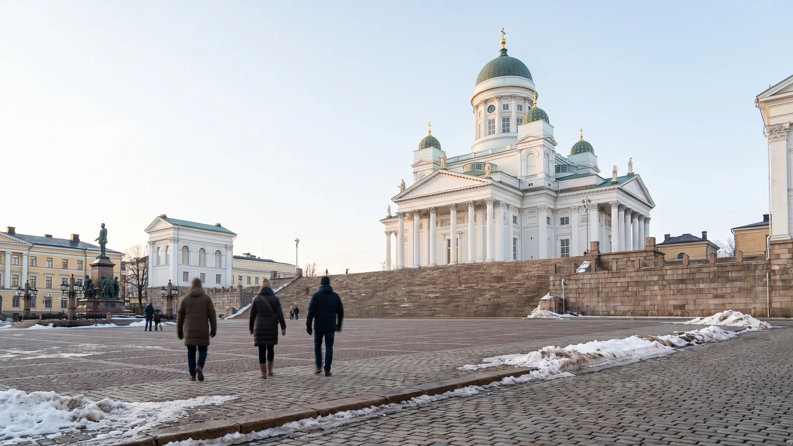 Der weiße Dom von Helsinki ragt über den weiten Stufen des Senatsplatzes im kühlen Frühlingslicht empor.