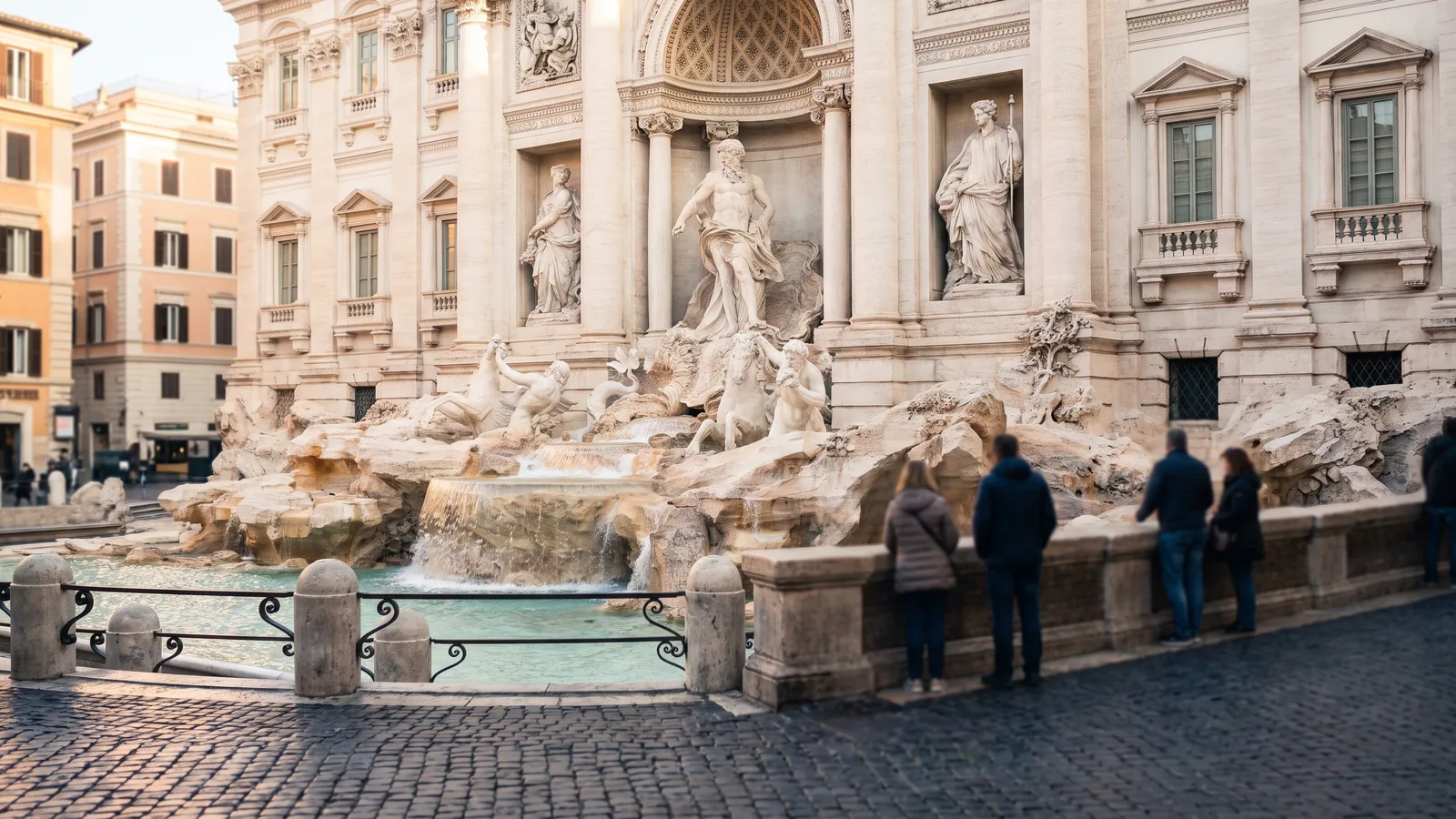 Die Fontana di Trevi mit barocken Skulpturen aus Travertin und türkisfarbenem Wasser im klaren Morgenlicht von Rom.