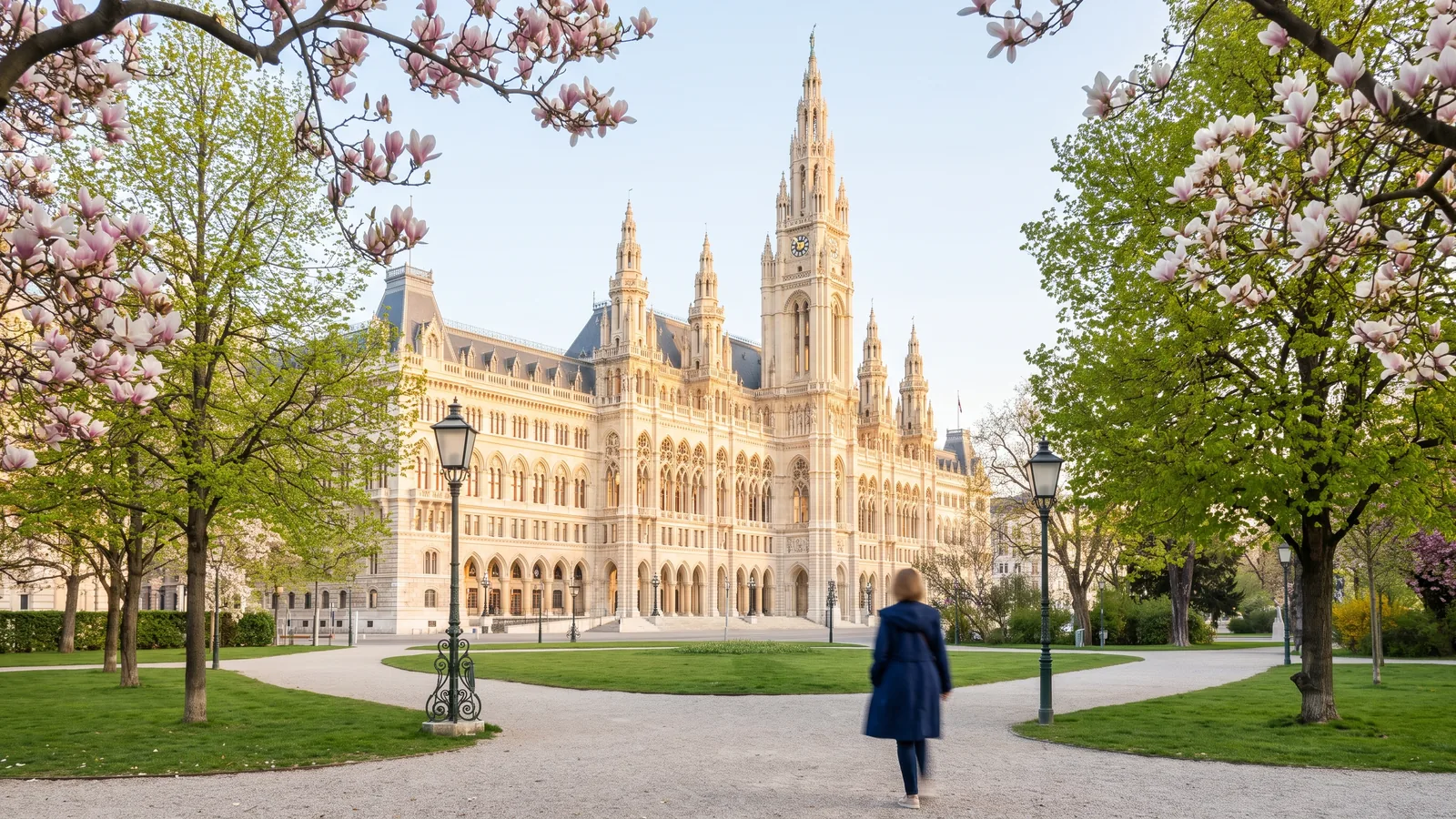 Das neugotische Wiener Rathaus hinter blühenden Bäumen und frischem Frühlingsgrün im weitläufigen Rathauspark.