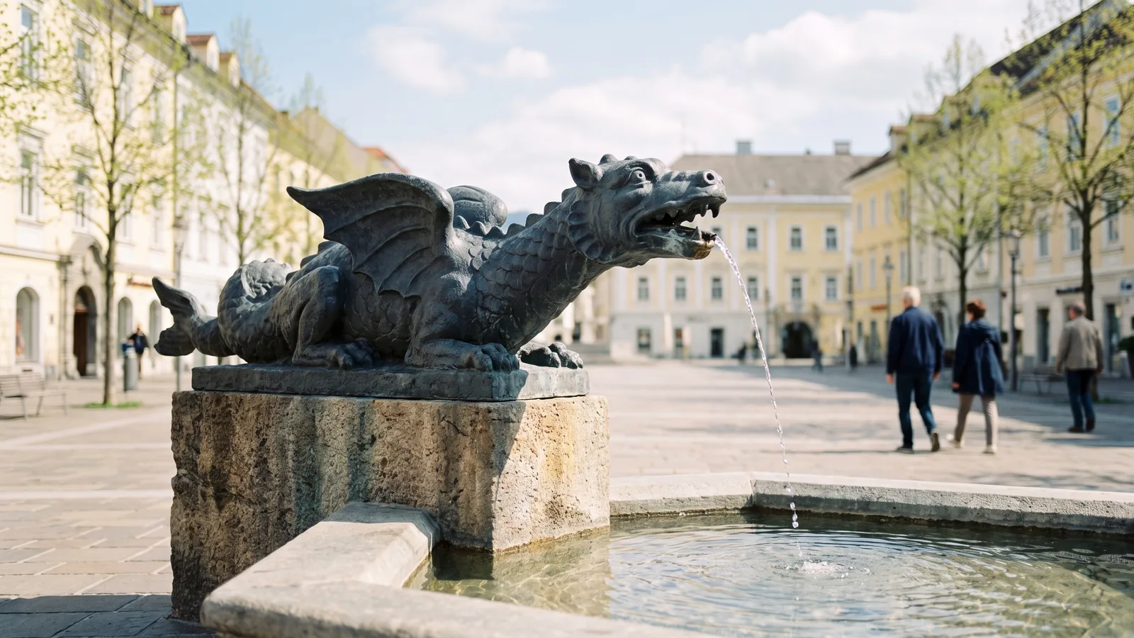 Der steinerne Lindwurmbrunnen auf dem weiten Neuen Platz in Klagenfurt vor historischen Häuserfassaden im sonnigen Frühlingslicht.