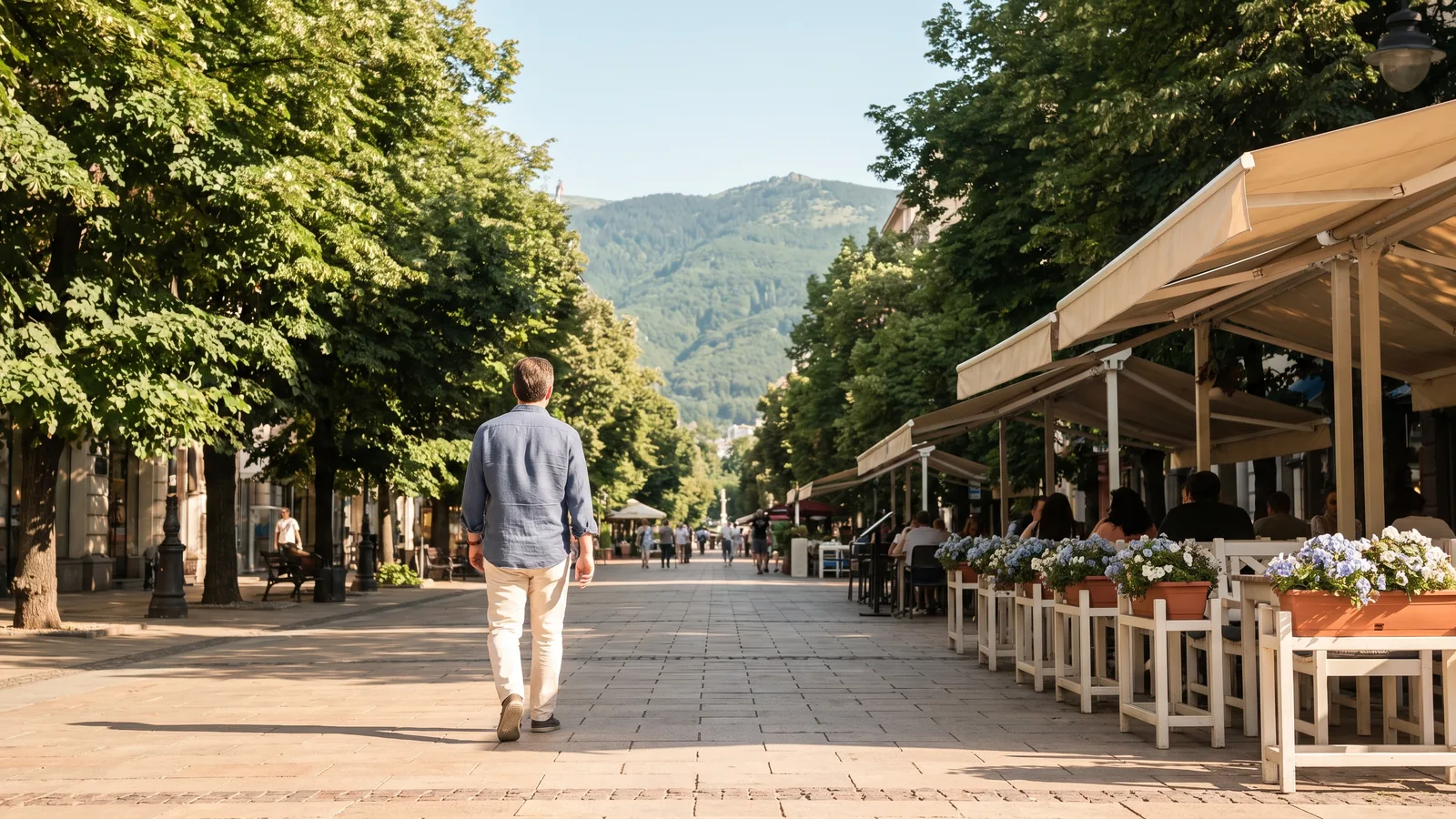 Die sonnige Fußgängerzone des Vitosha Boulevards in Sofia mit Straßencafés und Blick auf das Vitosha Gebirge im Sommer.