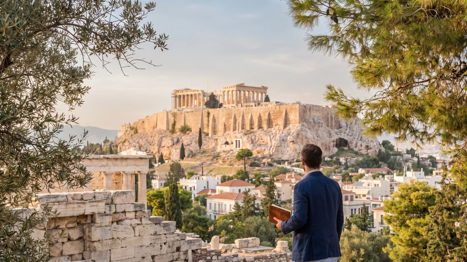 Blick auf die antike Akropolis und den Parthenon im warmen Spätsommerlicht mit Pinien im Vordergrund.