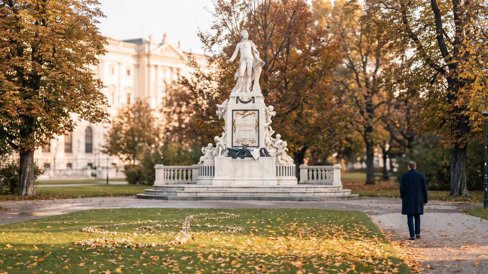 Das weiße Mozartdenkmal aus Marmor im herbstlichen Wiener Burggarten, umgeben von bunten Bäumen und goldenem Laub.