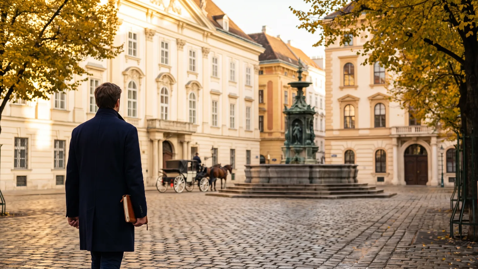 Der historische Platz Freyung in Wien mit dem Austriabrunnen und Barockpalais im goldenen Oktoberlicht.