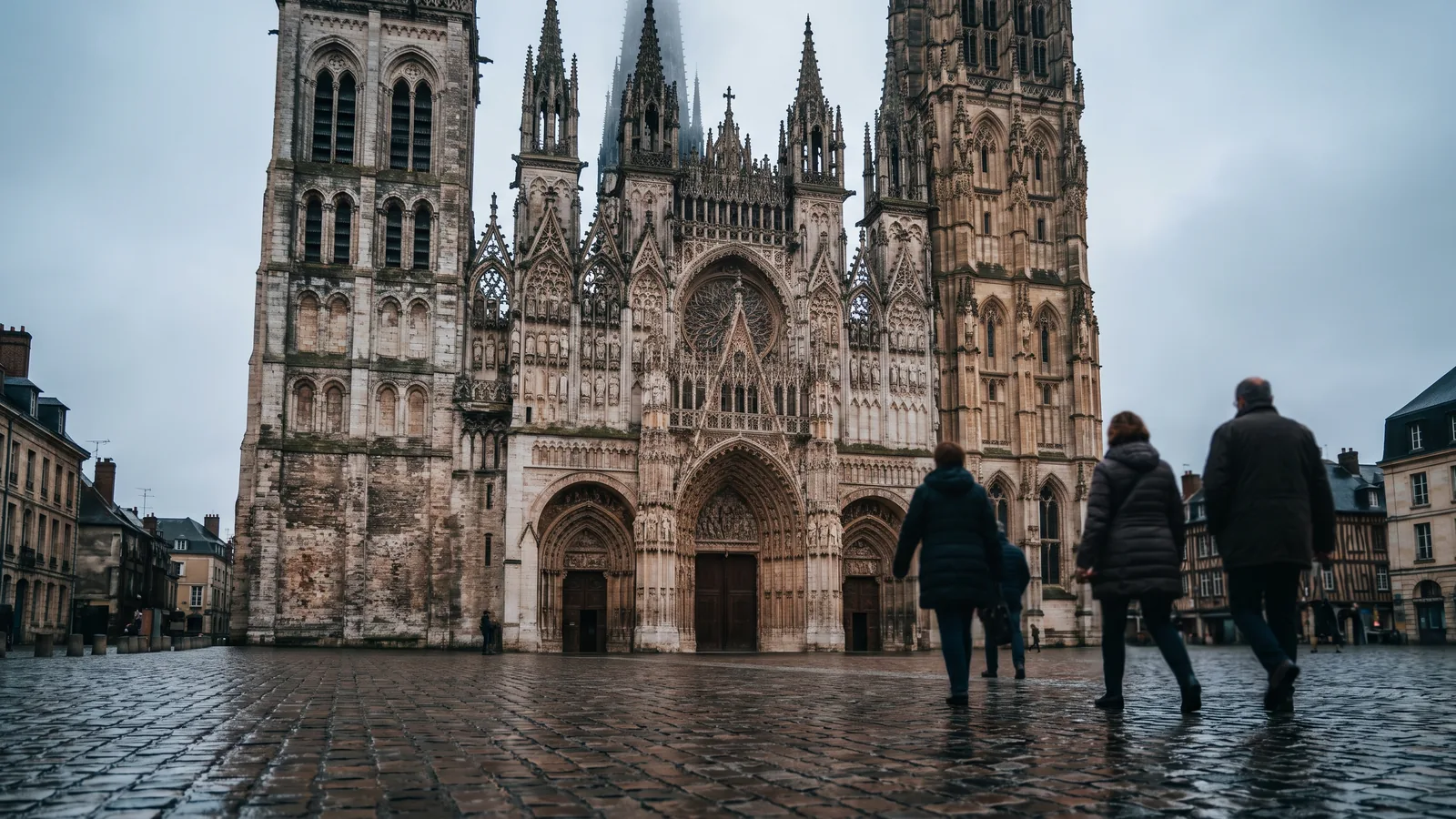 Die gotische Westfassade der Kathedrale von Rouen mit filigranem Steinmetzwerk und nassen Kopfsteinpflastern im kühlen Novemberlicht.
