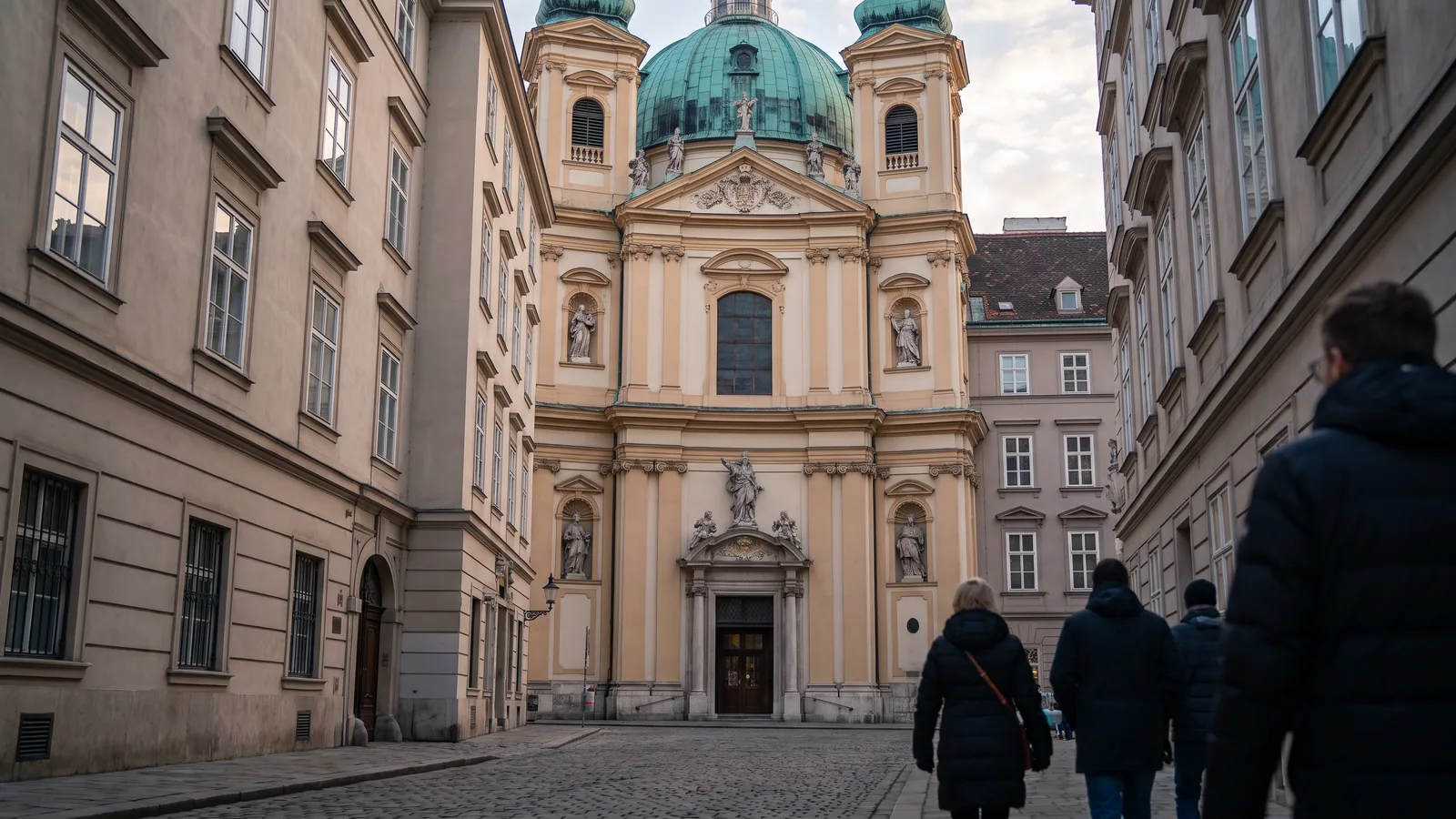 Die barocke Peterskirche mit ihrer grünen Kuppel und verzierten Fassade an einem kühlen Januartag in Wien.