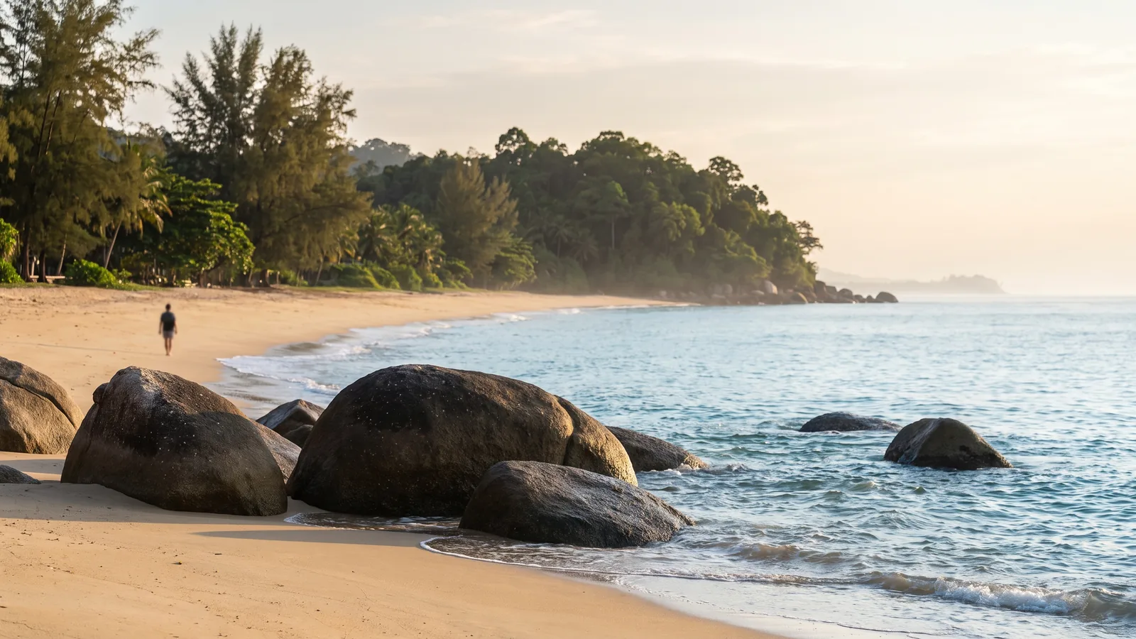 Granitfelsen an der sandigen Bucht von Teluk Cempedak mit sanfter Brandung und tropisch bewaldeten Hügeln im Hintergrund.